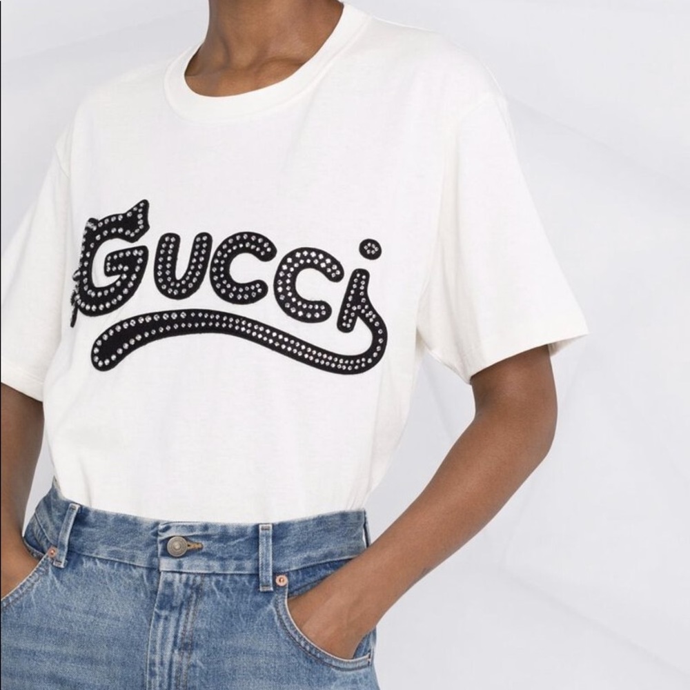 NWT Authentic Gucci Cat Logo Embellished Tee